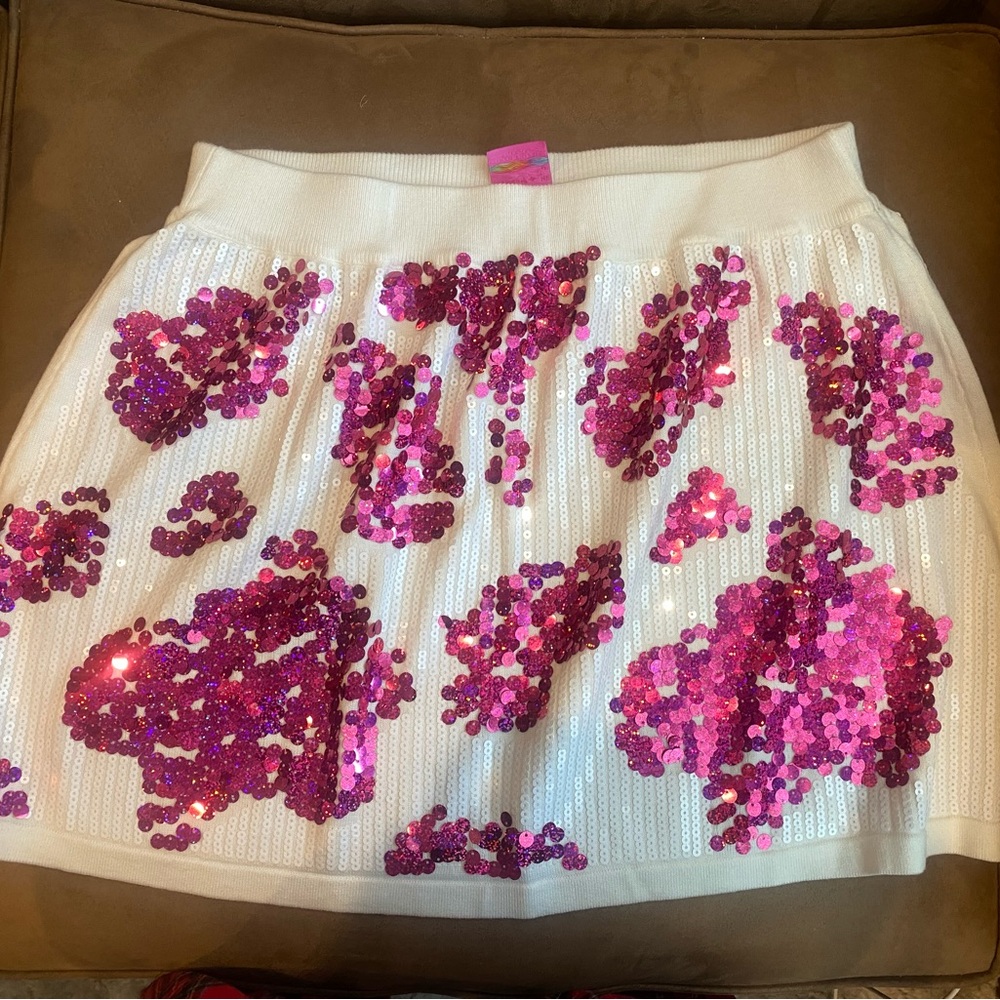 Queen of sparkles WHITE & HOT PINK COW PRINT SEQUIN SKIRT NWT